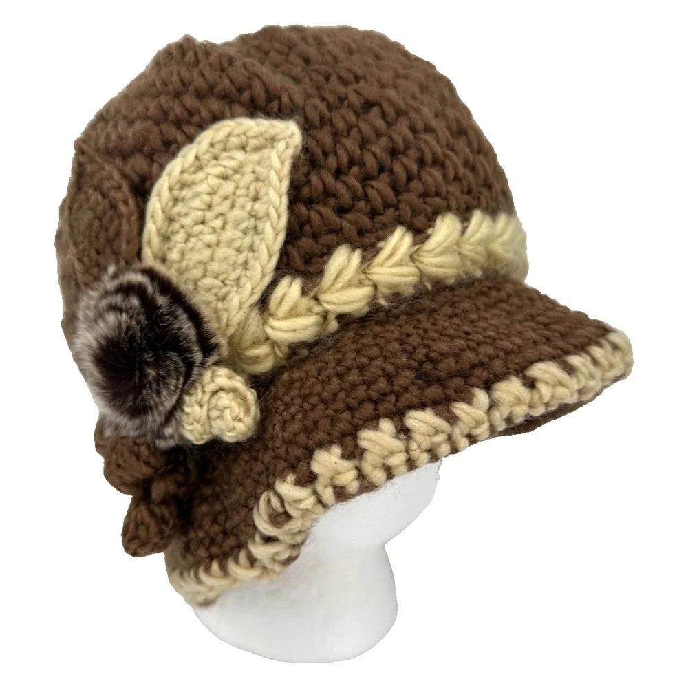 Women's Crochet Cloche Fleece Lined Winter Hat Faux Fur Flower Accent Brown Knit